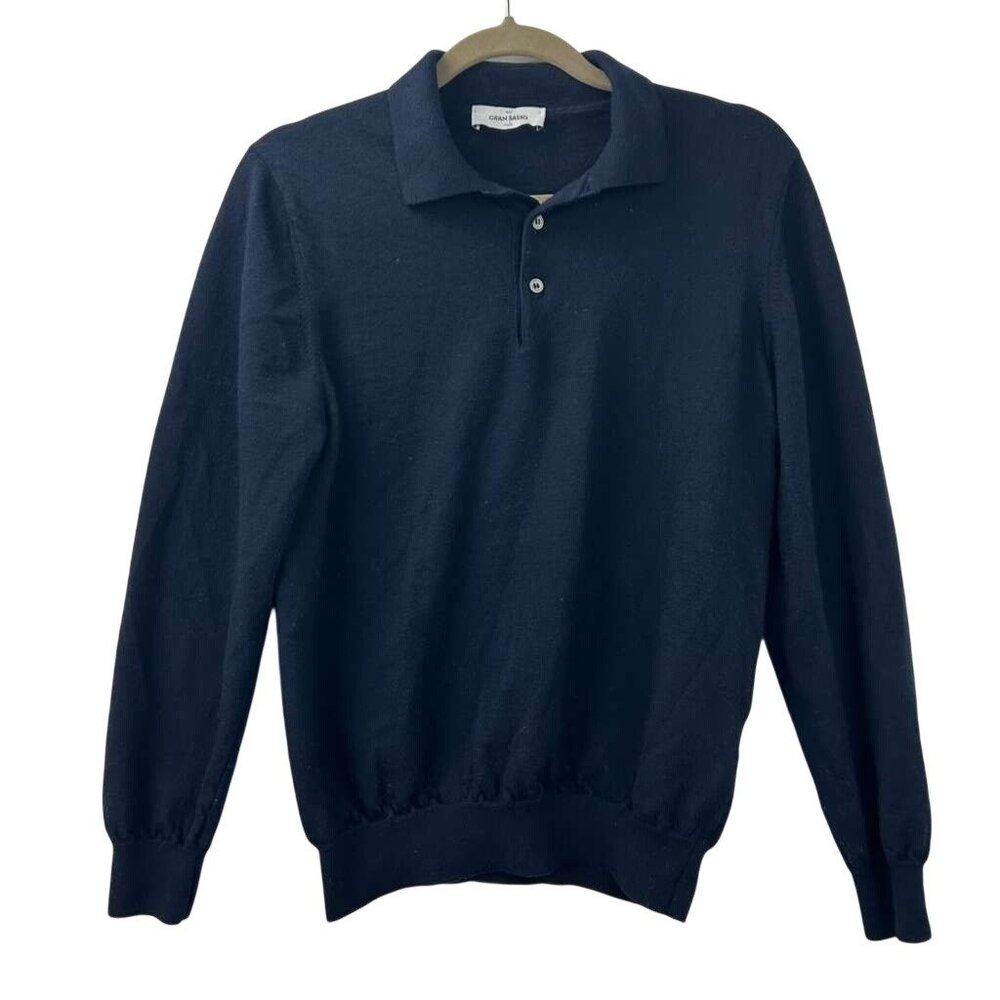 Gran Sasso Men's Small Polo Sweater 100% Virgin Wool Blue Collared Buttons - Picture 13 of 16